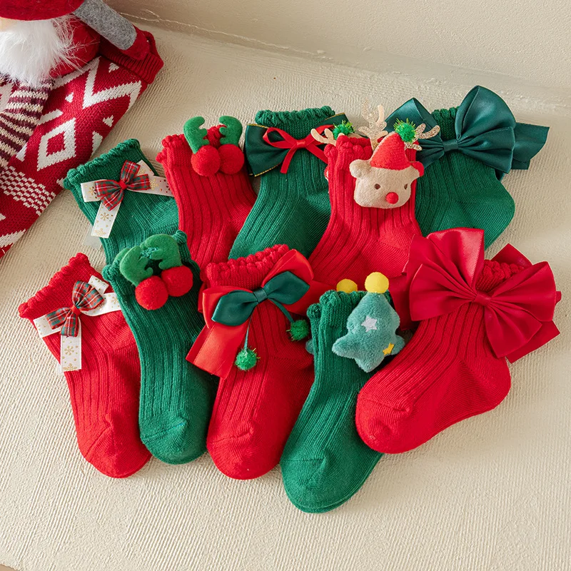 

Kids Christmas Socks Girls Red Green Cartoon Cute Princess Socks with Bow Autumn Winter Festive Socks