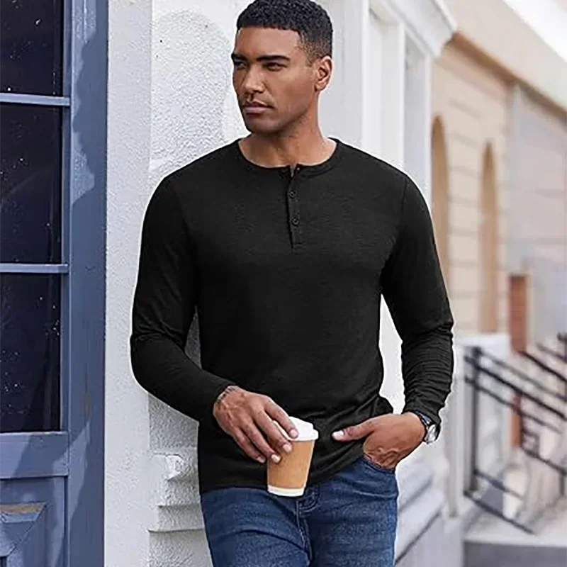 Herbst Herren Langarm Henley Shirts Baumwolle 3-Taste Frühling Casual T-Shirts Einfarbig Weiche Basic Tops Tees