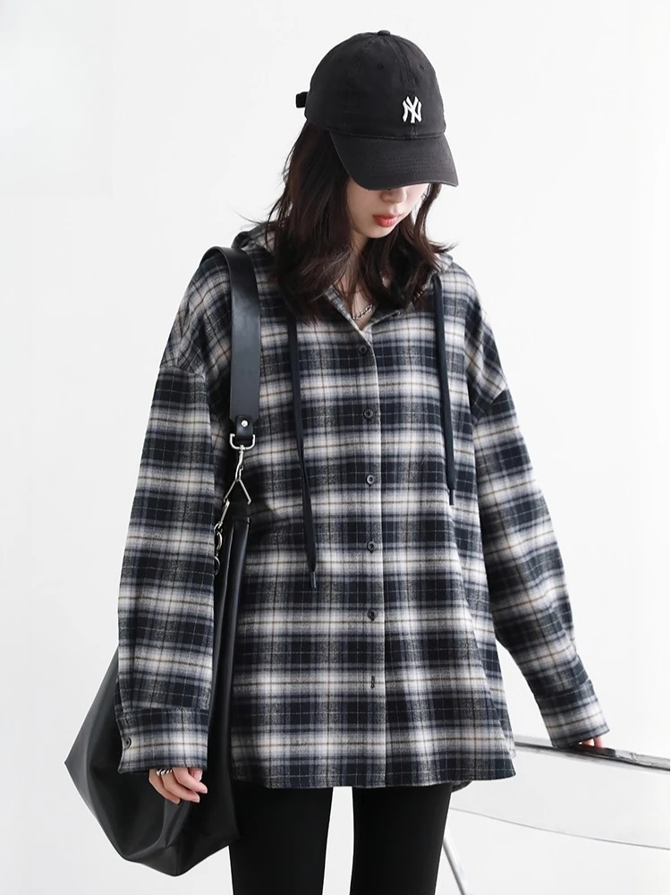 CHIC VEN Koreaanse Vrouwen Shirt Nieuwe Katoen Geborsteld Capuchon Plaid Blouses Lange Mouwen Oversize Vrouwelijke Jas Herfst Winter 2025