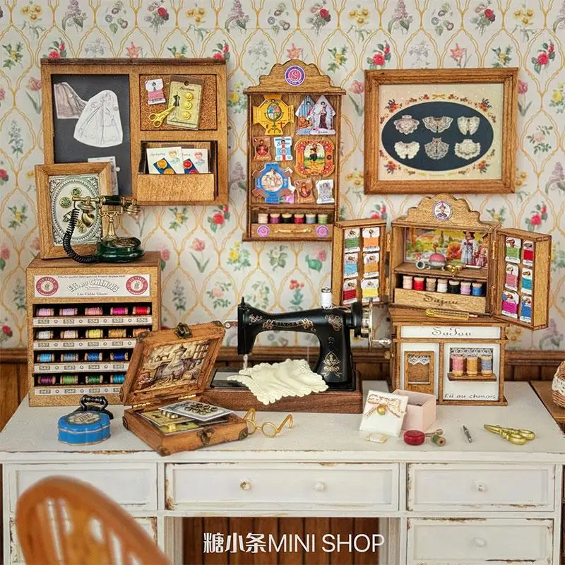 

1：6 Dollhouse Retro Sewing Box Miniature Model, Blythe Sewing Shaped Cabinet Sewing Scene Miniature Dollhouse Model Decoration