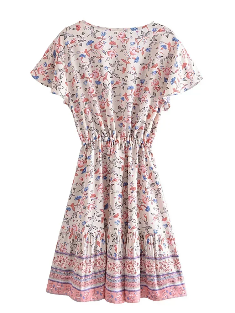 Vintage Women Pink Floral Print Short Sleeve Beach Loose Bohemian Mini Dress Ladies V-neck Rayon Cotton Boho Dresses Vestidos