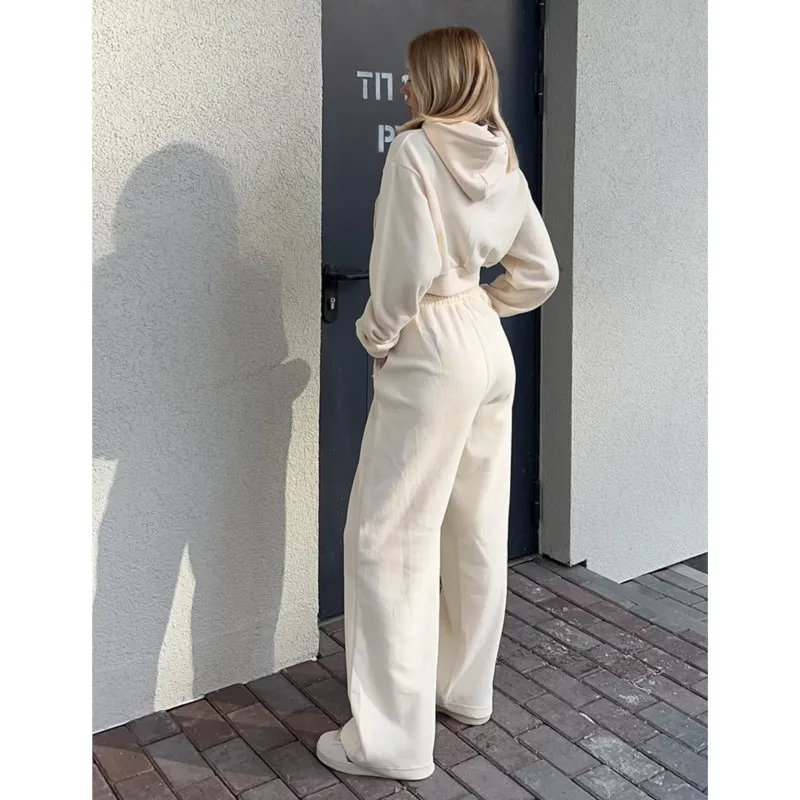 Casual Solid Hoodies Pants Set Women Long Sleeve Zipper Short Sweatshirt Loose Drawstring Trouser 2024 Autumn New Lady Tracksuit