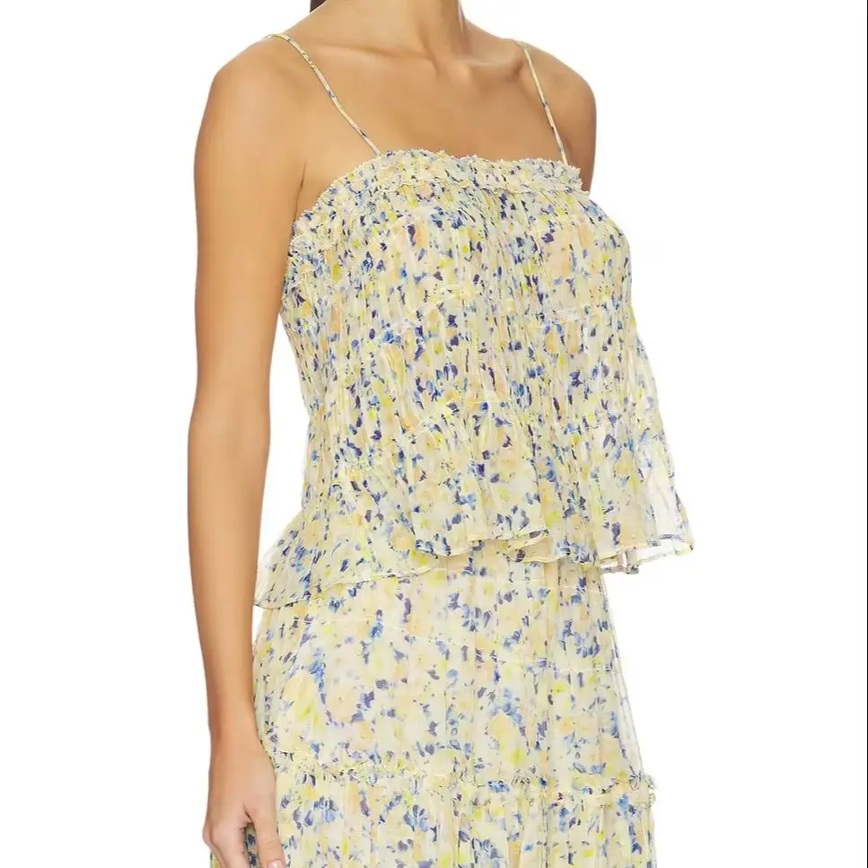 Women Flower Printed Silk Set Ruffle Hem Camisole + Ruffle Spliced High Waist A-Line Long Skirt Elegant Outfit