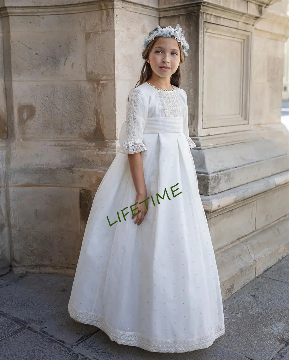 Vestido blanco de comunión para niña, cinturón de cinta de encaje de princesa Vintage, vestido de algodón de línea A, fiesta de boda para dama de honor Bridemini