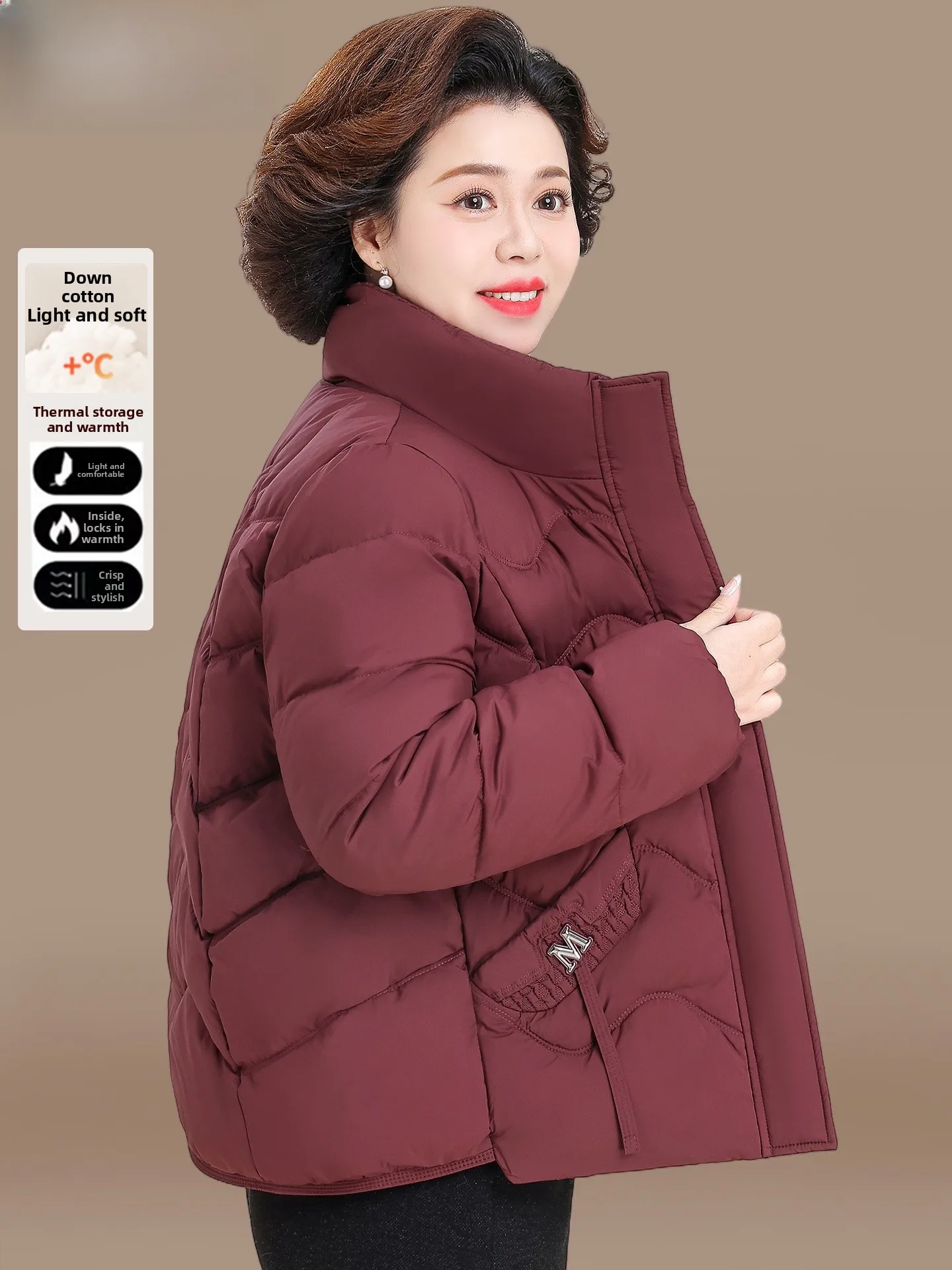 

Red down Cotton Jaet Women's Faionable Stand Fit Winter Coat for Middle-Aged And ly Small Size Options Available