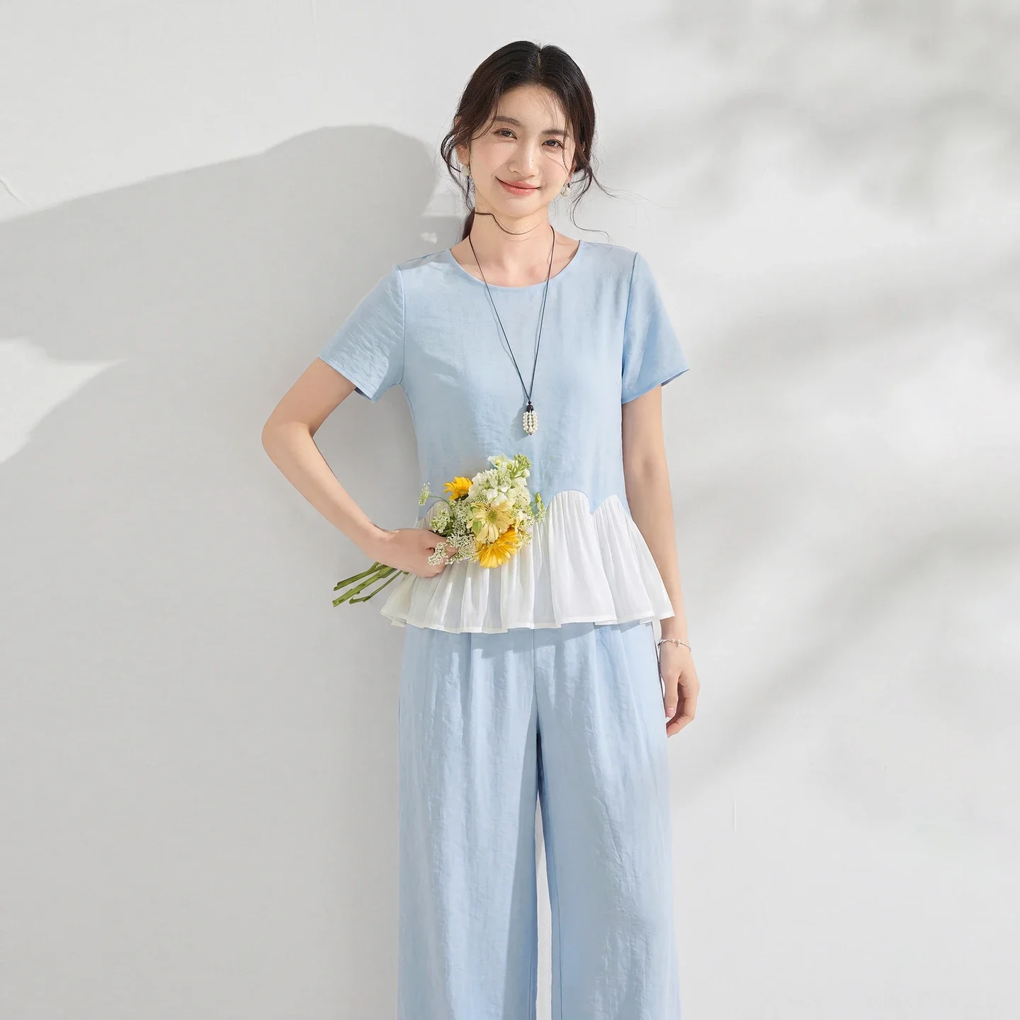 SENTUBILA 2026 Summer Linen Blend 2 Piece Set Woman Outfits Color Block Umbrella Hem Top High Waist Straight Leg Pants Q62ZA7392
