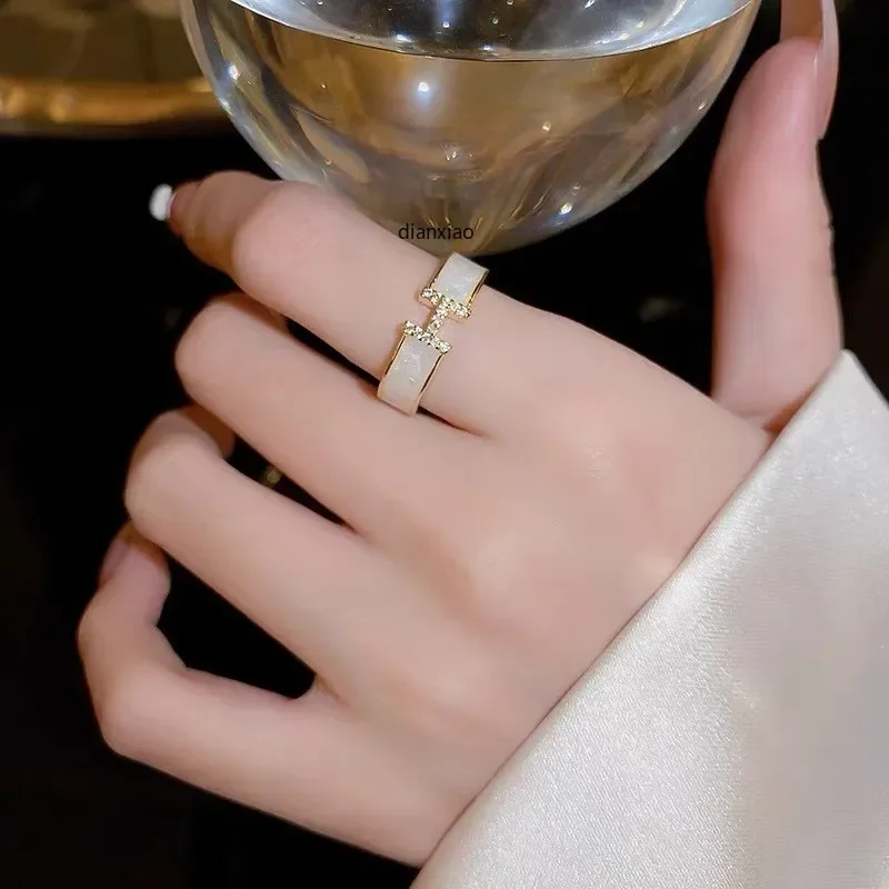 Letter H ring, white oil drop zircon open red ring for women