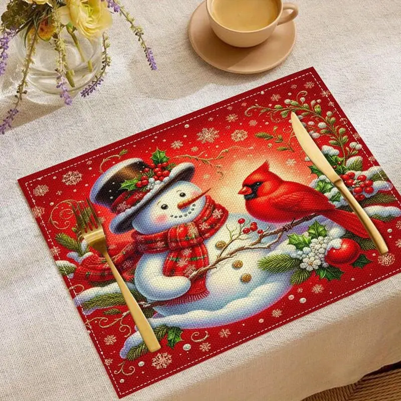 Christmas Themed Snowman and Cardinal Placemats Set Heat Insulation Table Pads for Dining Table Mats Kitchen Table Decor