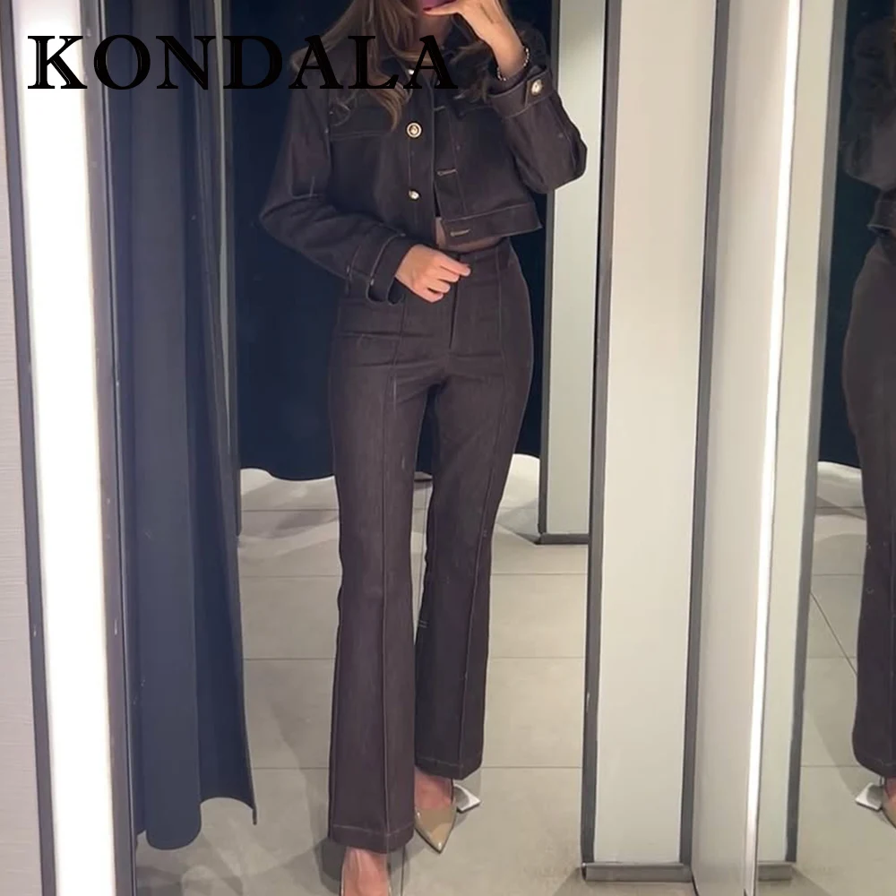 KONDALA Elegancki brązowy zestaw streetwearowy damski: krótka kurtka na guziki + modne spodnie z rozszerzanymi nogawkami, styl 2025
