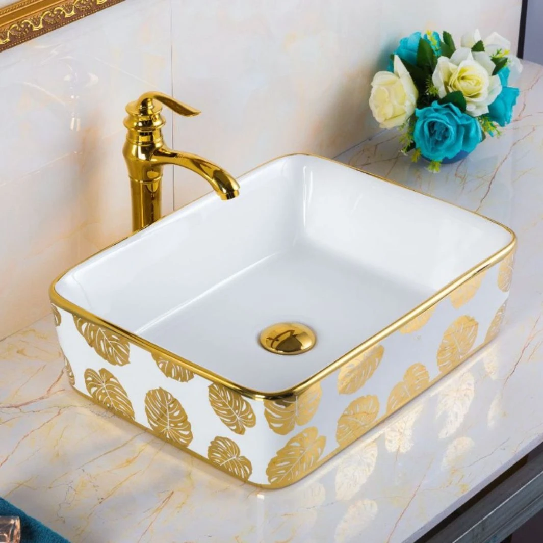 Platform basin electroplated vegetable basin ceramic hand wash square face wash golden leaf flower art basin