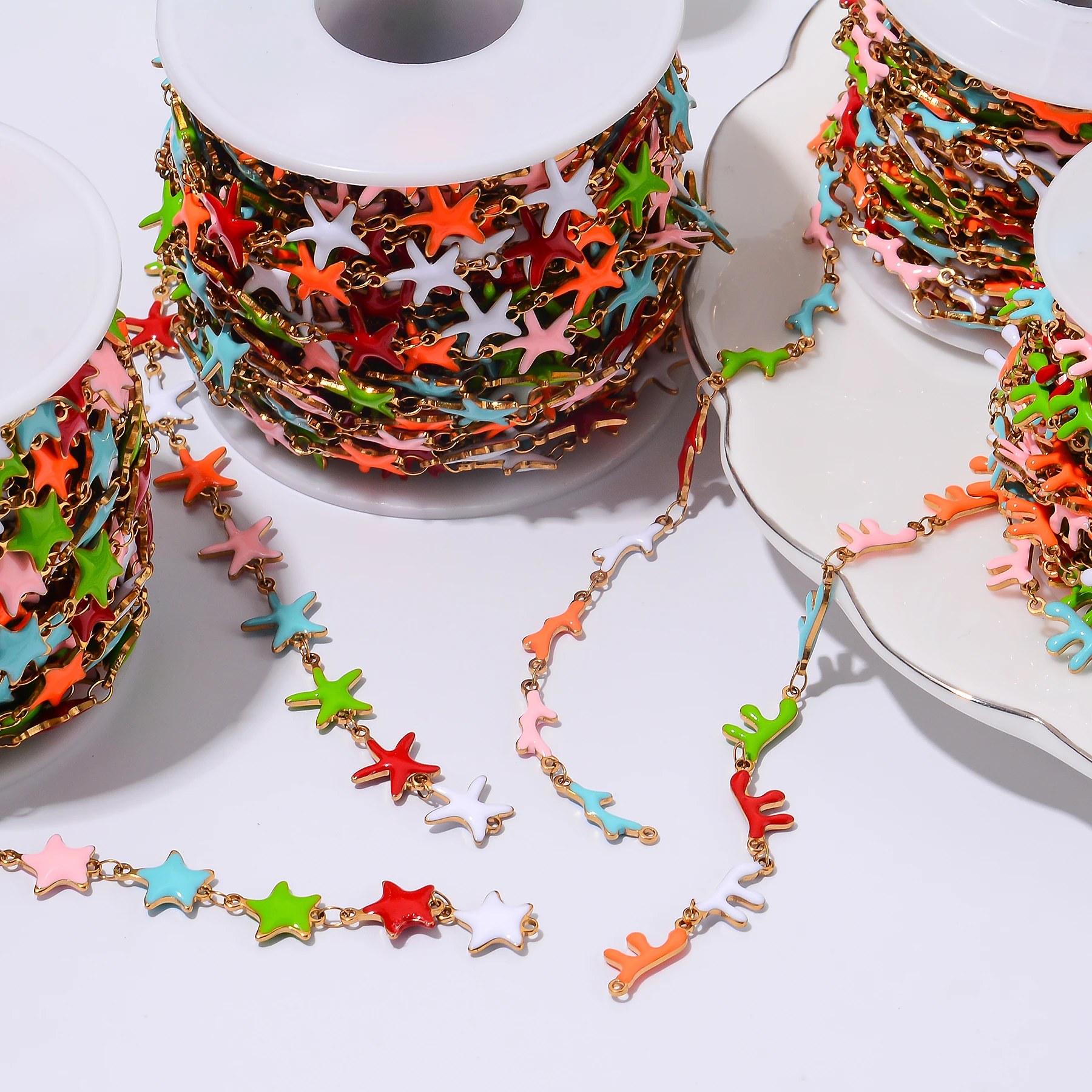 

1 Meter Starfish Coral Shaped Chain Stainless Steel Colorful Oil Drip Bulk Chain DIY Necklaces Bracelets Anklets Link Chain