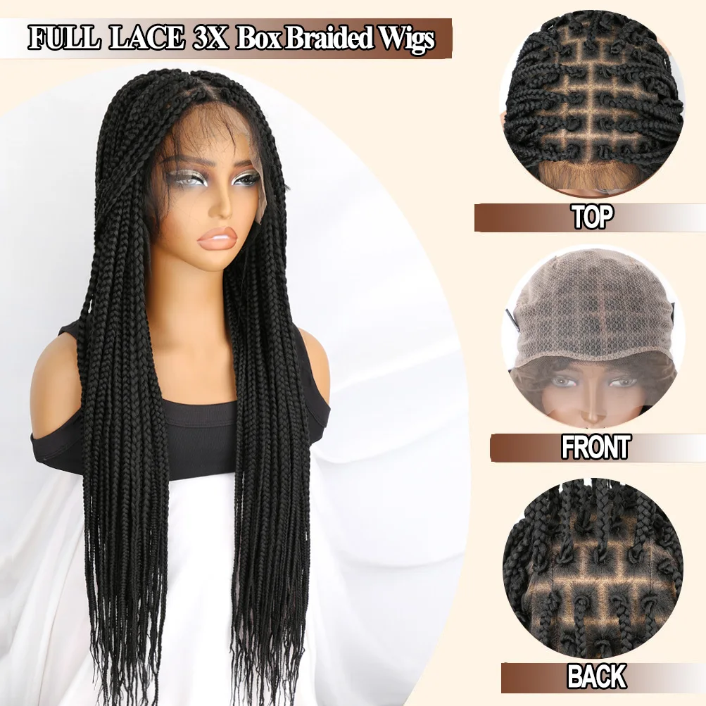 3X 박스 브레이드 가발 (베이비 헤어 포함) 여성용 노 매듭 브레이드 가발, 블랙 풀 레이스 브레이드, 프리미엄 합성 브레이드 풀 레이스 가발