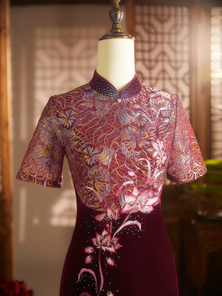 

Young Ele Patchwork Qipao Wedding Dr Summer New Arrival Mom's Festive Wear Polyester Fiber ort Sve Midi Qipao