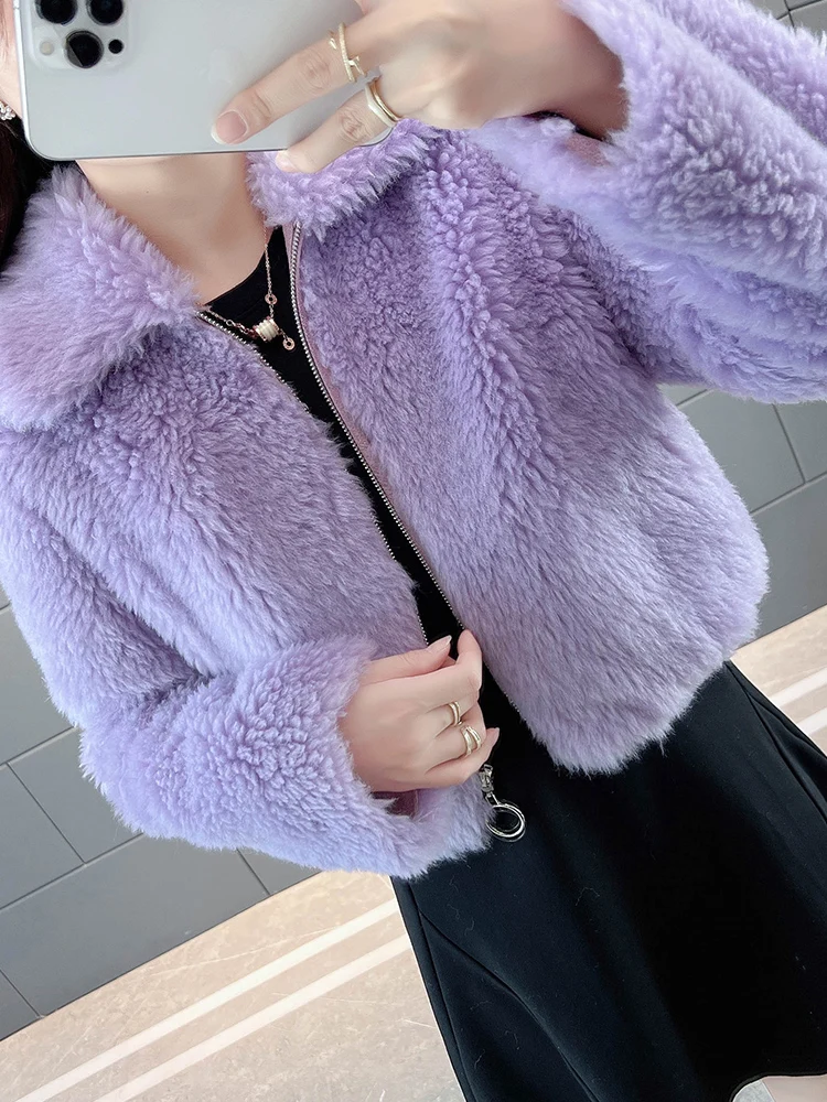 Real Lamb Fur Coat Women's Short Sheep Cut Fleece Coats 2023 Winter New Female Clothing Sweet Ladies Outwears Clothes for Women