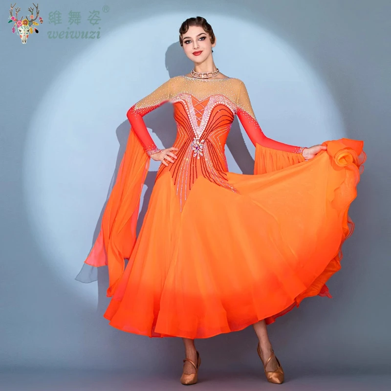 Rhinestone Elegant Long Yarn Orange Ballroom Dance Competition Dresses Standard Ballroom Dress Fringe Waltz Dance Costumes