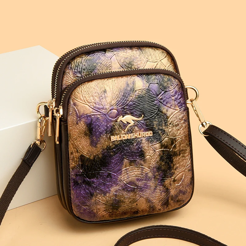 Fashion Printed Chinese Style Women Bag 2024 New Female Soft Leather Crossbody Bag Casual Phone Bag Purse Ladies Shoulder Bags