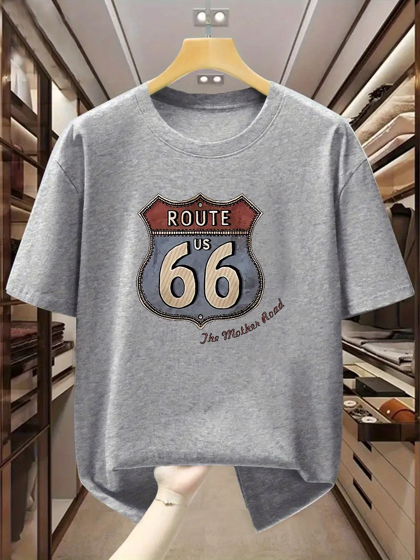 Men's Summer 100% Cotton Casual Fashion Retro Route 66 Printed Loose Breathable Round Neck Short Sleeve T-shirt