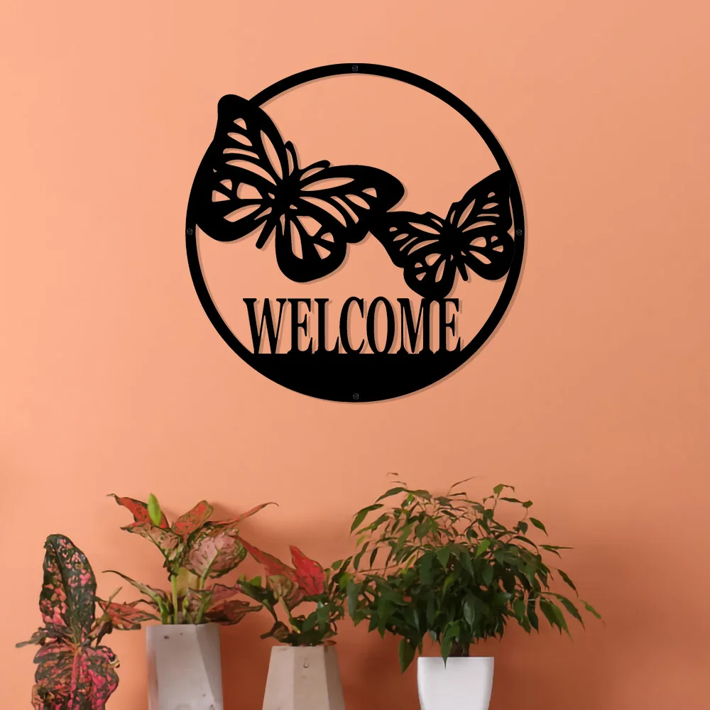 

Butterfly Circle Welcome Sign Black Metal Wall Art Decor for Living Room Decoration Ornament Wallart Silhouette