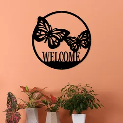 Butterfly Circle Welcome Sign Black Metal Wall Art Decor for Living Room Decoration Ornament Wallart Silhouette