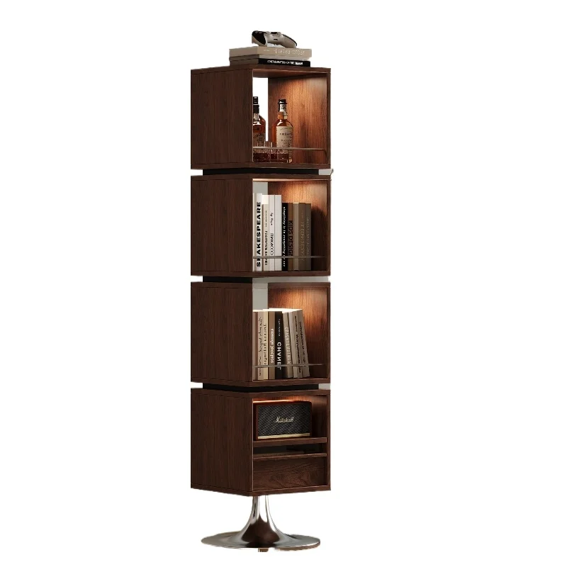 Solid wood rotating bookshelf full-body mirror cabinet living room solid wood book and newspaper shelf with ambient light