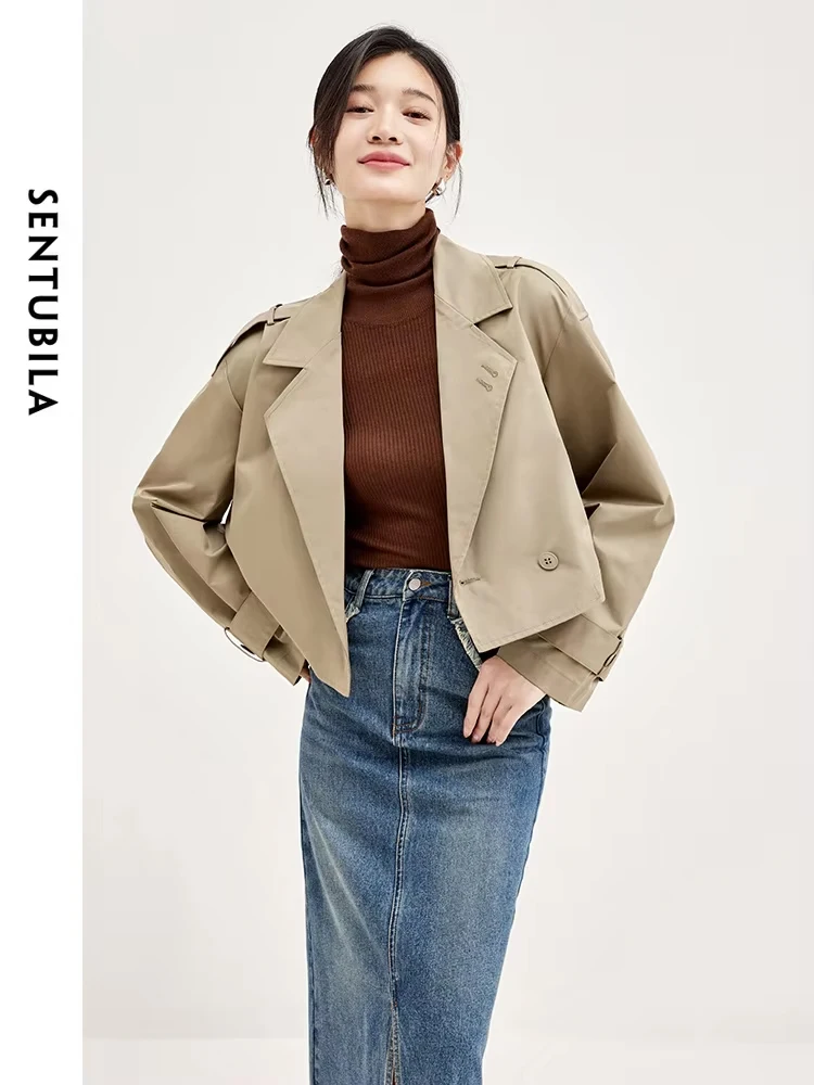 SENTUBILA Trench Coat Women 2024 Spring Autumn Windbreaker Cropped Chic and Elegant Woman Jacket Simple New Outwear W33F51772