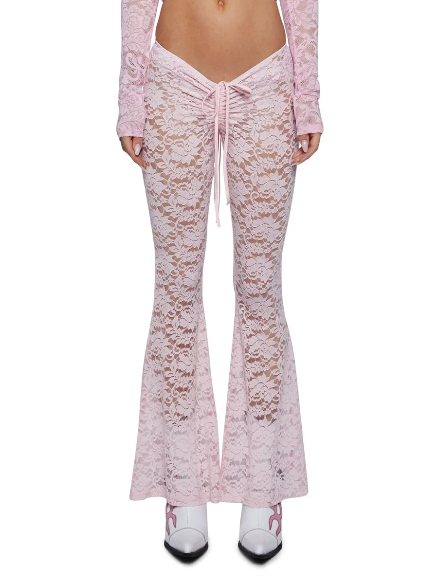 

Women Lace Floral Sheer Mesh Flare Pant Drawstring Low Rise Bell-Bottoms Sexy See Through Party Club Leggings Streetwear