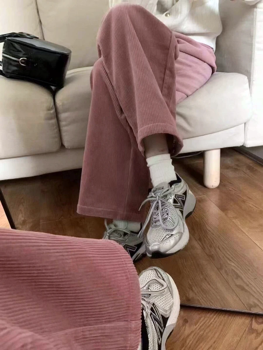 ReddaChic femmes automne hiver rose velours côtelé pantalon rétro jambe large pantalon dame décontracté taille haute solide pantalon rue Chic vêtements