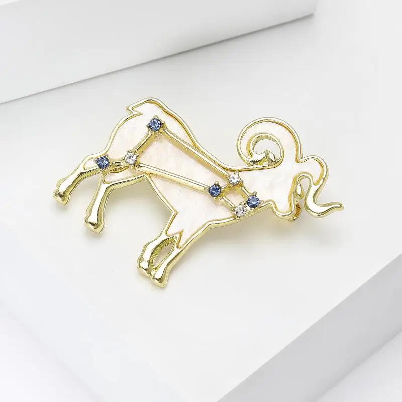 Aries Zodiac Elegant Shell Goat Brooch Sparkling Rhinestone Stars Brooches Pins Designer Jewelry Gift