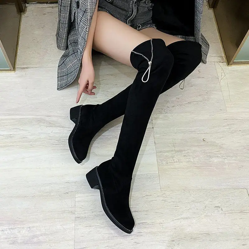 Footwear Middle Heel Shoes for Women Ladies Boots Above Over The Knee Elastic Black Thigh High Sock Spring 2024 Winter Novelty