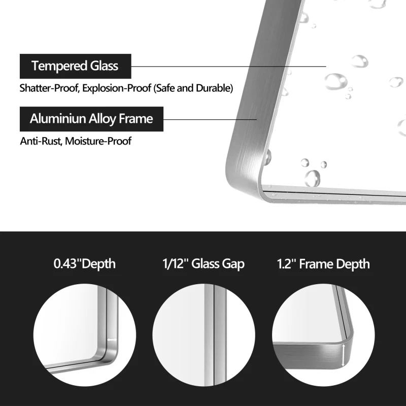 40x36 インチ ブラッシュニッケル アルミニウム フレーム バスルーム ミラー