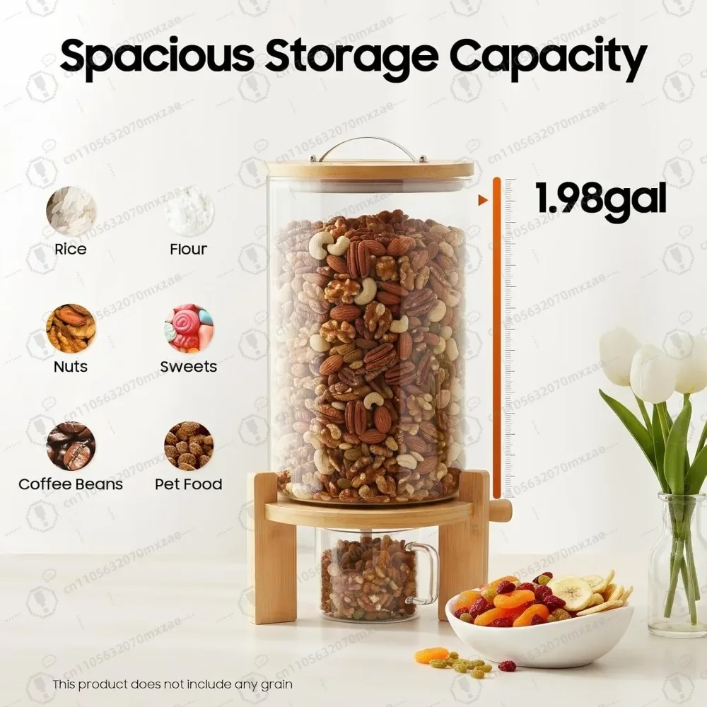 Airtight Rice Dispenser 5L/7.5L with Wood Base Glass Grain Storage Container And Measuring Cup for Kitchen