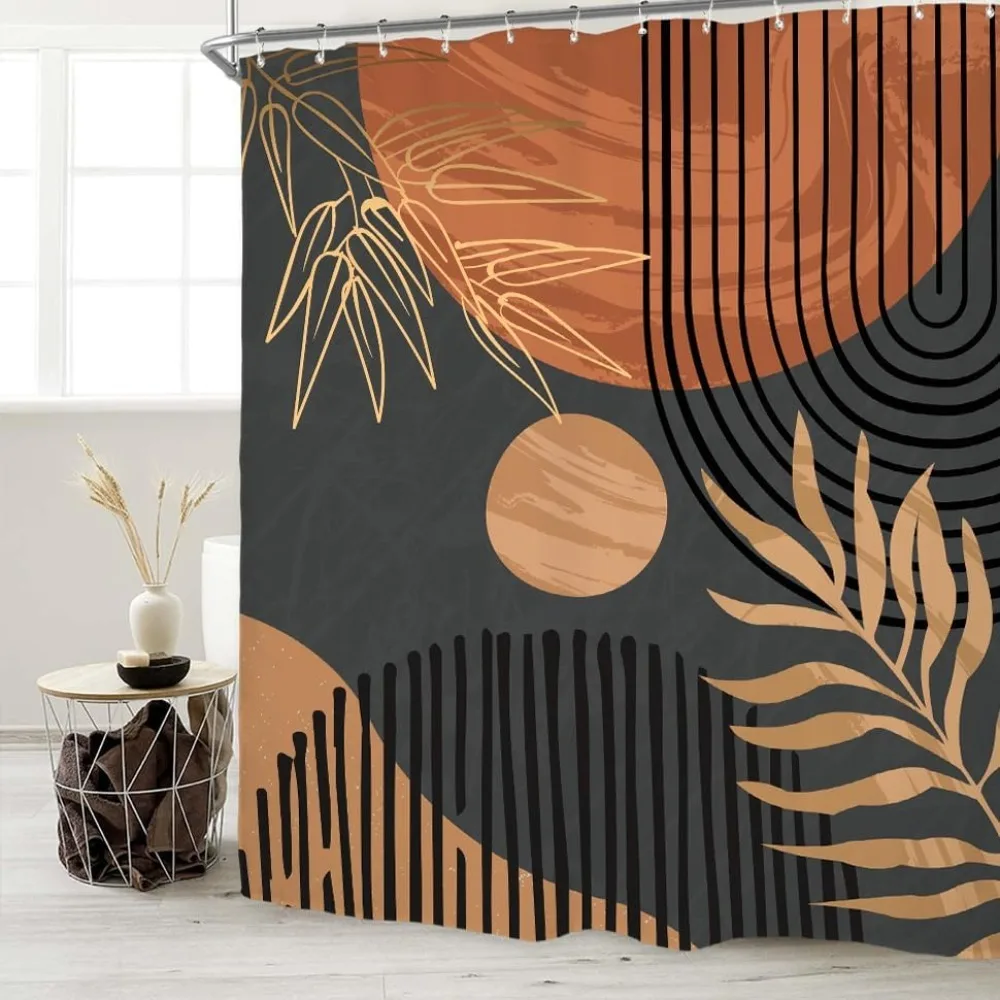 GAEAbstract Mid Century Shower Curtain Set Dark Vintage Minimalist Modern Geometric Leaves Plant Aesthetic Waterproof Bath Cur