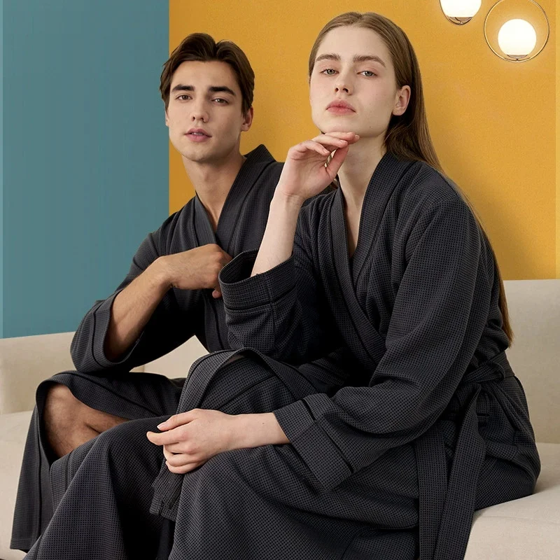 

Terry Towel Absorbent Bathrobe Kimono Gown Couple Robe Home Dress Loose Casual V-Neck Sleepwear Loungewear with Pocket Pajama
