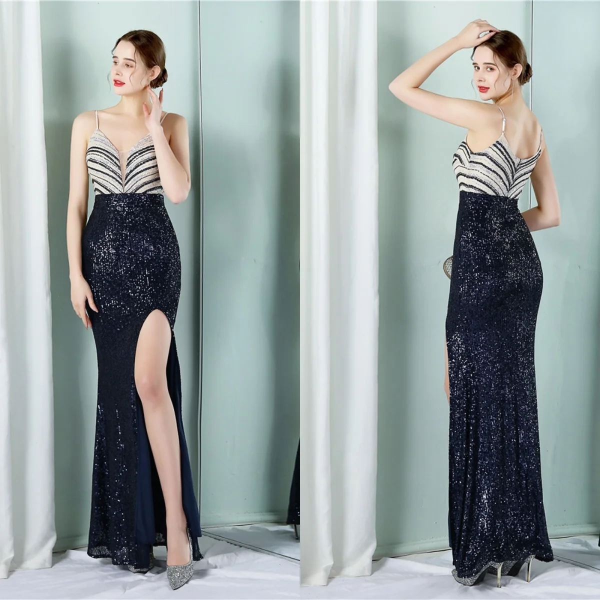 

Evening Dress Navy Blue Sequins Stretchy Sgaphetti Straps Sleeveless Zipper Mermaid Trumpet Floor Length Women Party Formal Gown