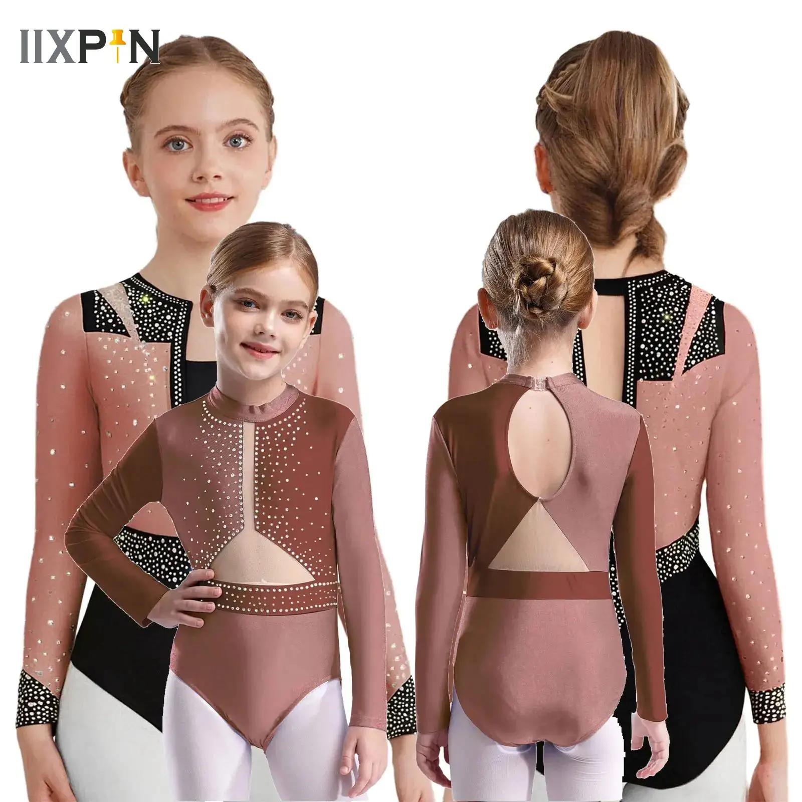 

Girls Sparkly Rhythmic Gymnastics Jersey Figure Skating Dance Leotard Sheer Mesh Patchwork Ballet Bodysuit Practice Dancewear