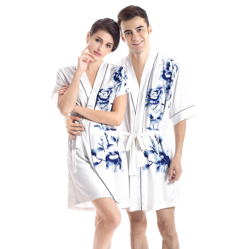 Ling Summer Men's Robe Imitation Satin Silk with Waist Belt Bath Robe Home Gown Sleepwear