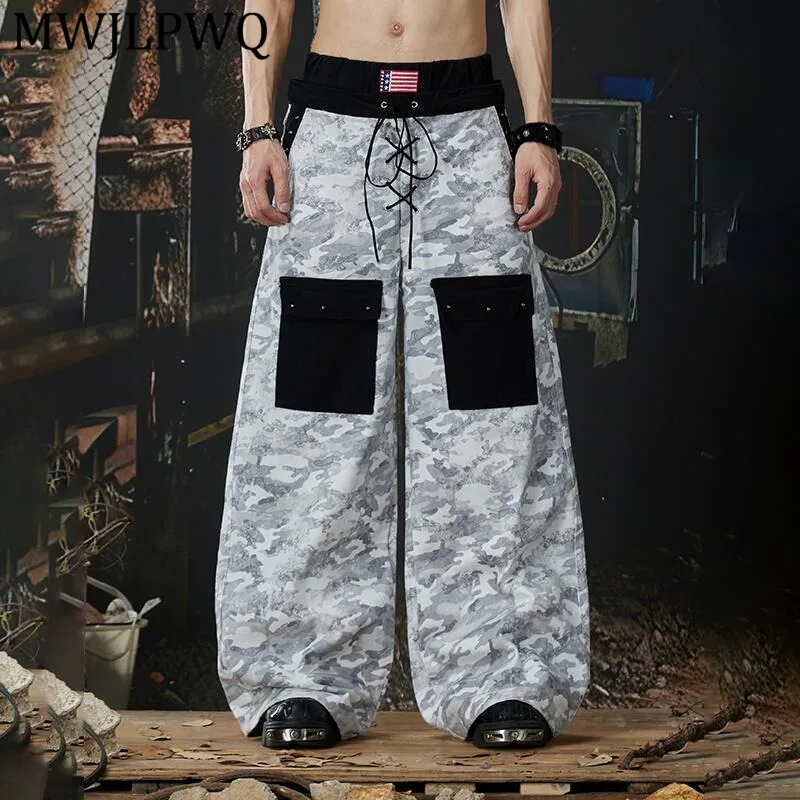 

MWJLPWQ Men's New Street Camouflage Jeans Double-Waisted Patchwork Three-Dimensional Cut Loose Unisex Wide-Leg Trousers 13911