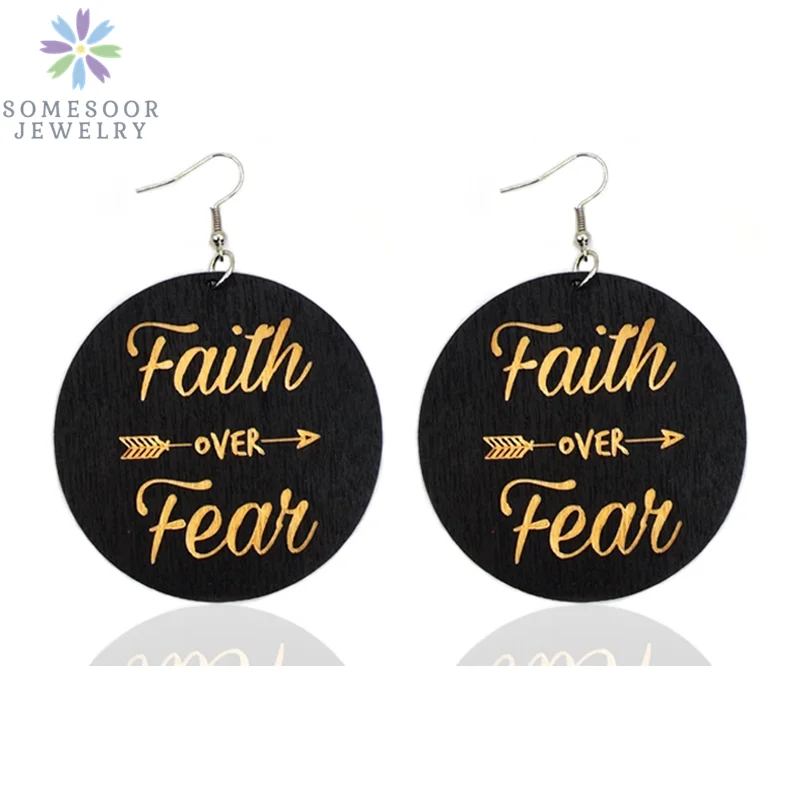 SOMESOOR Engraving Black African Wooden Drop Earrings Faith Over Fear Powerful Sayings Carved Wood Loops Jewelry For Women Gift