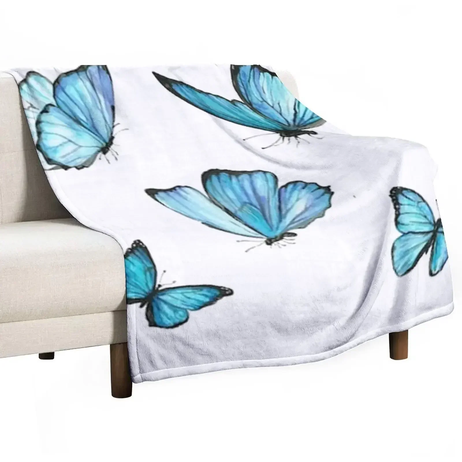 

Blue Watercolor Butterflies Throw Blanket Soft Plaid Thermal Blankets