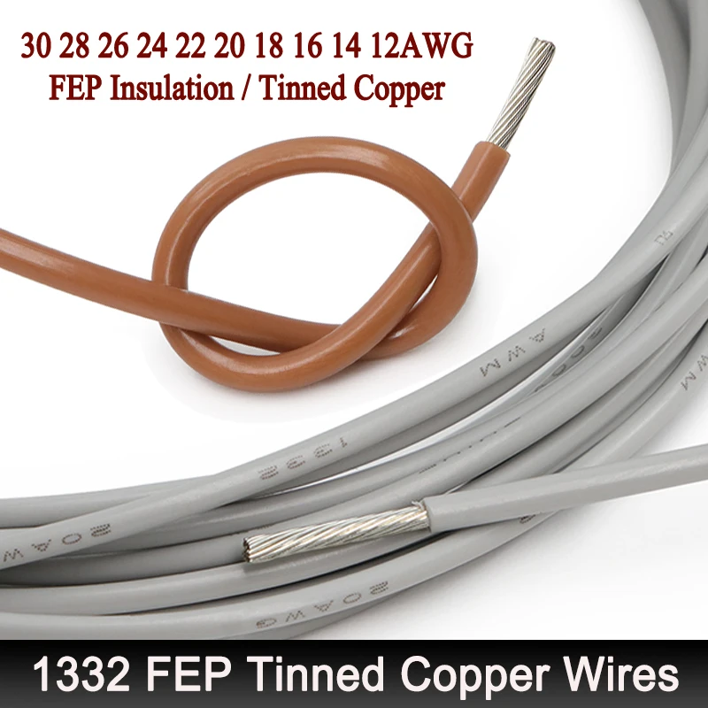 1~100M Brown Grey 1332 PTFE Wire 30AWG - 12AWG High Temperature FEP Insulated Tinned Copper Cable 3D Printer Power Cord