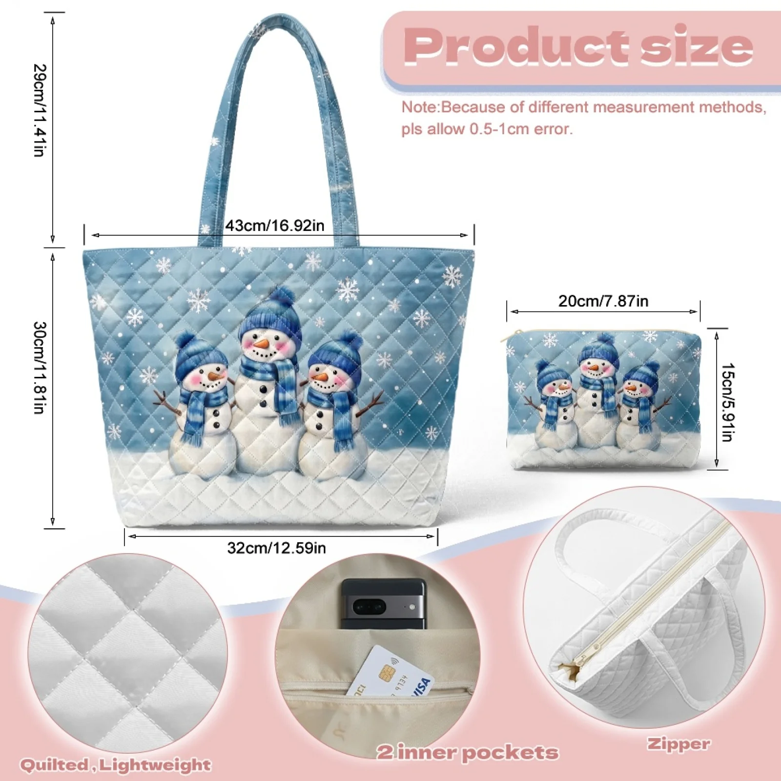 Coloranimal Snowman 2 Pieces Portable Quilted Totes Handbags for Winter, New Trend Lightweight Zippered Set for Work Leisure