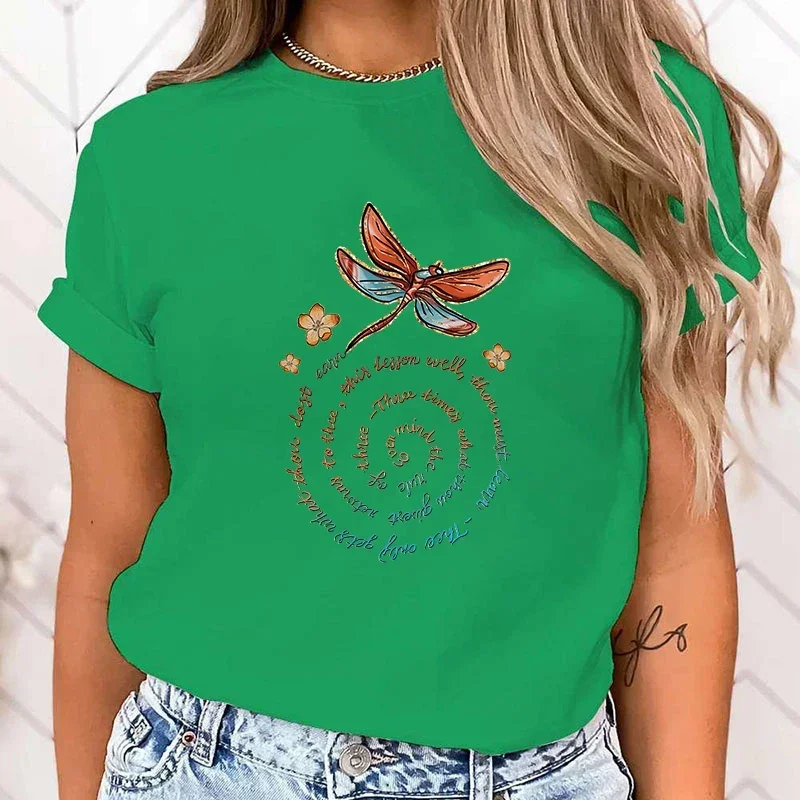 PremiumT-shirt Cute Dragonfly Print T-Shirts For Women Summer Lovely Short Sleeve Casual T-Shirts Funny Ladies Round Neck Tops