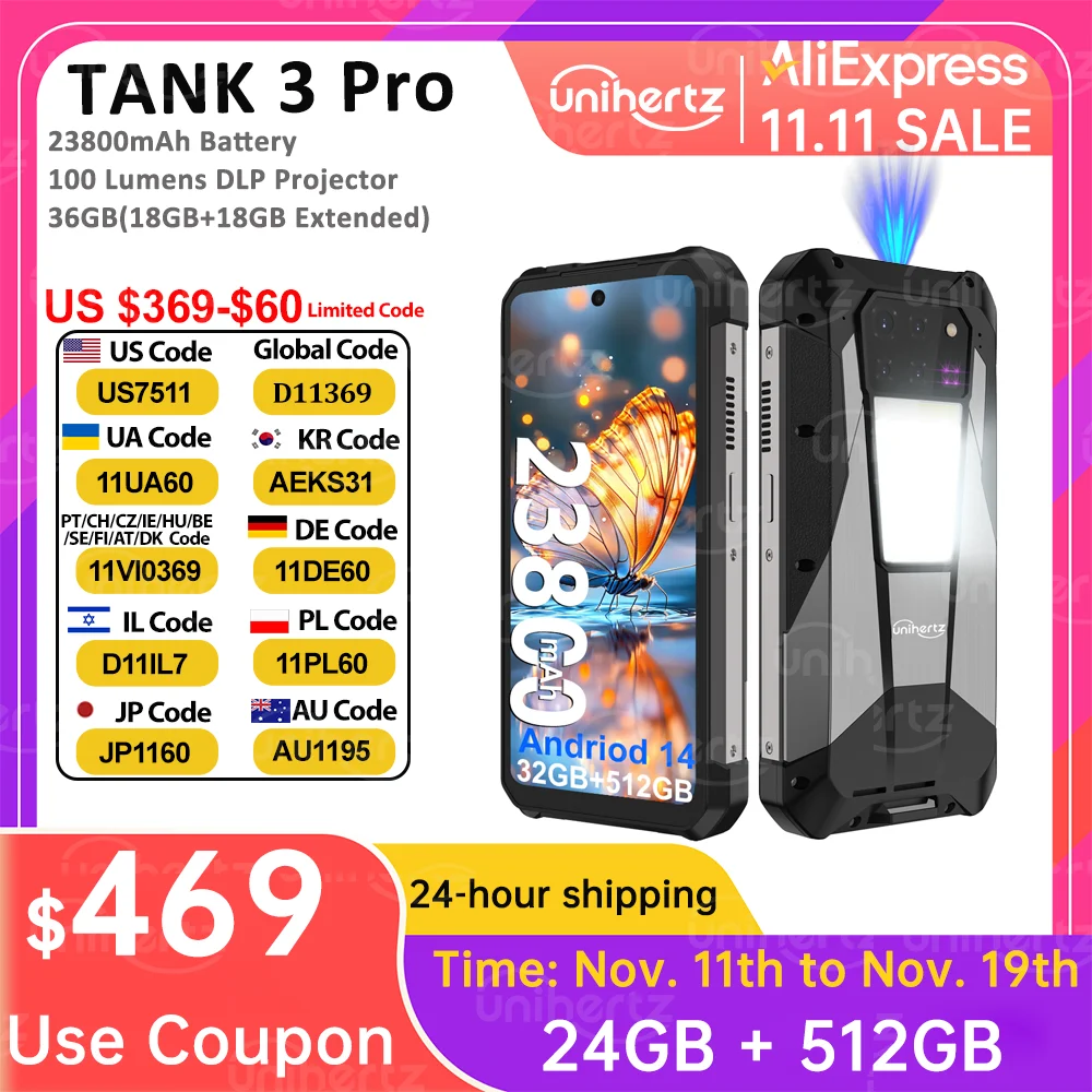 Unihertz 8849 Tank 3 Pro 5G Projector Phone 32GB 36GB RAM 512GB ROM Cell Phone 23800mAh 120W Fast Charger 200MP Camera Dual Sim