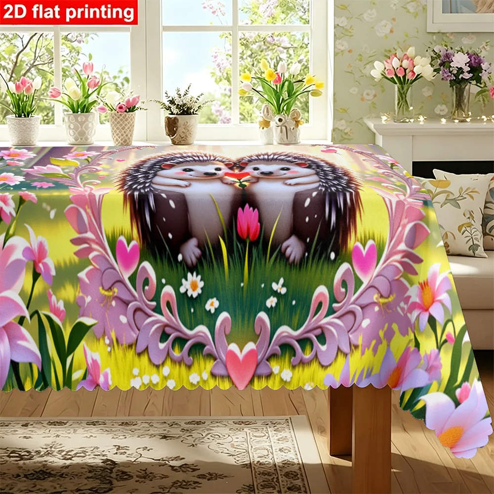 1PC Rectangular Tablecloth featuring a cute hedgehog couple with a floral heart frame, made of durable polyester fabric, perfect