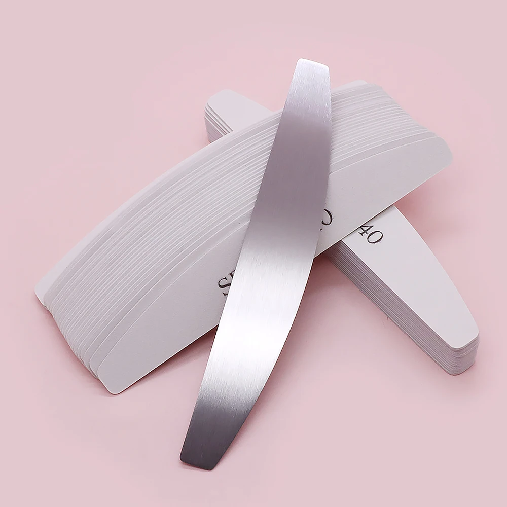 50PCS Half Moon Nail Files Replaceable White Sandpaper Sanding Files With 1Pcs Stainless Steel Handle Sponge Sanding Buffer File