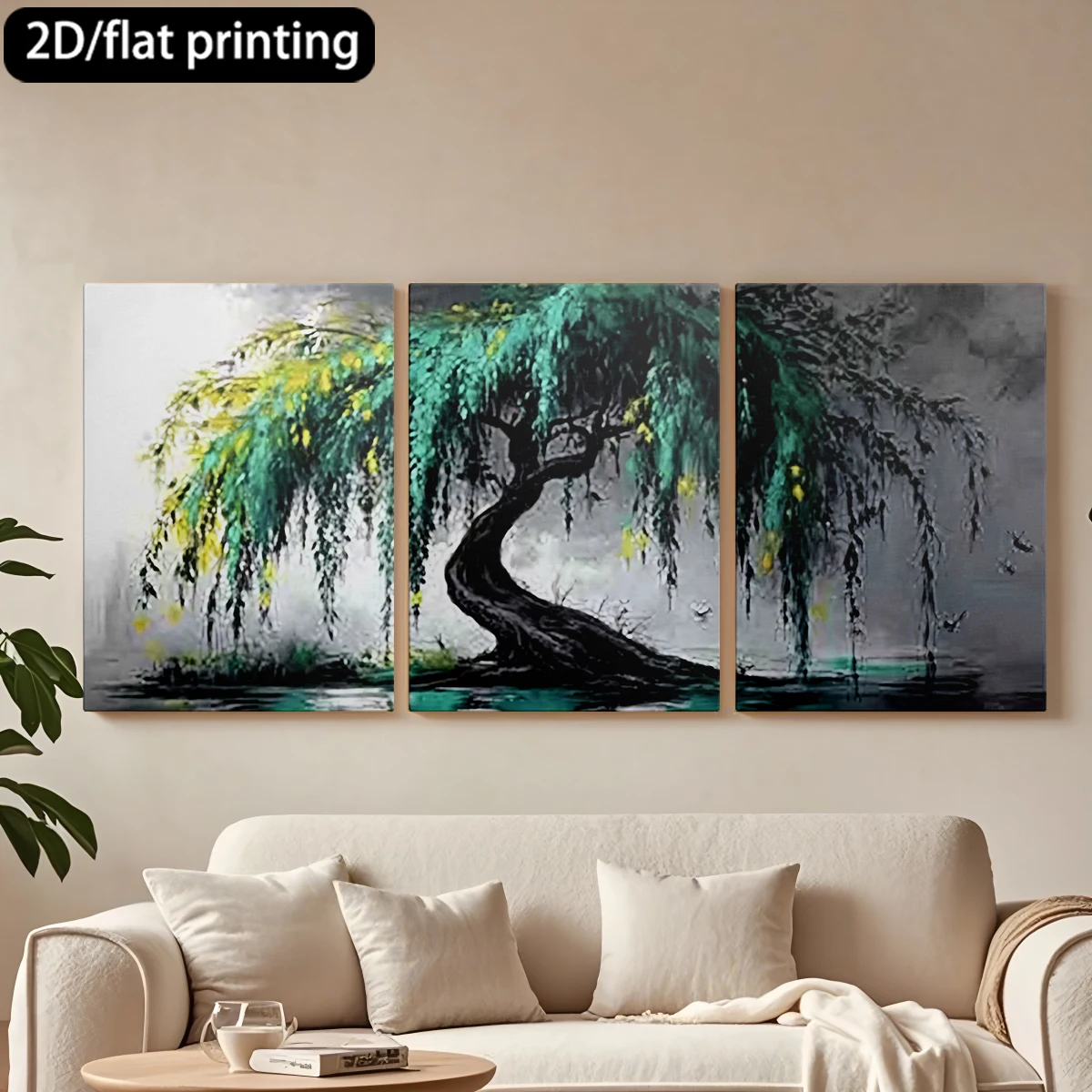 

Декоративная картина на холсте из трех частей: ивовое дерево, вода, спокойная живописная сцена.