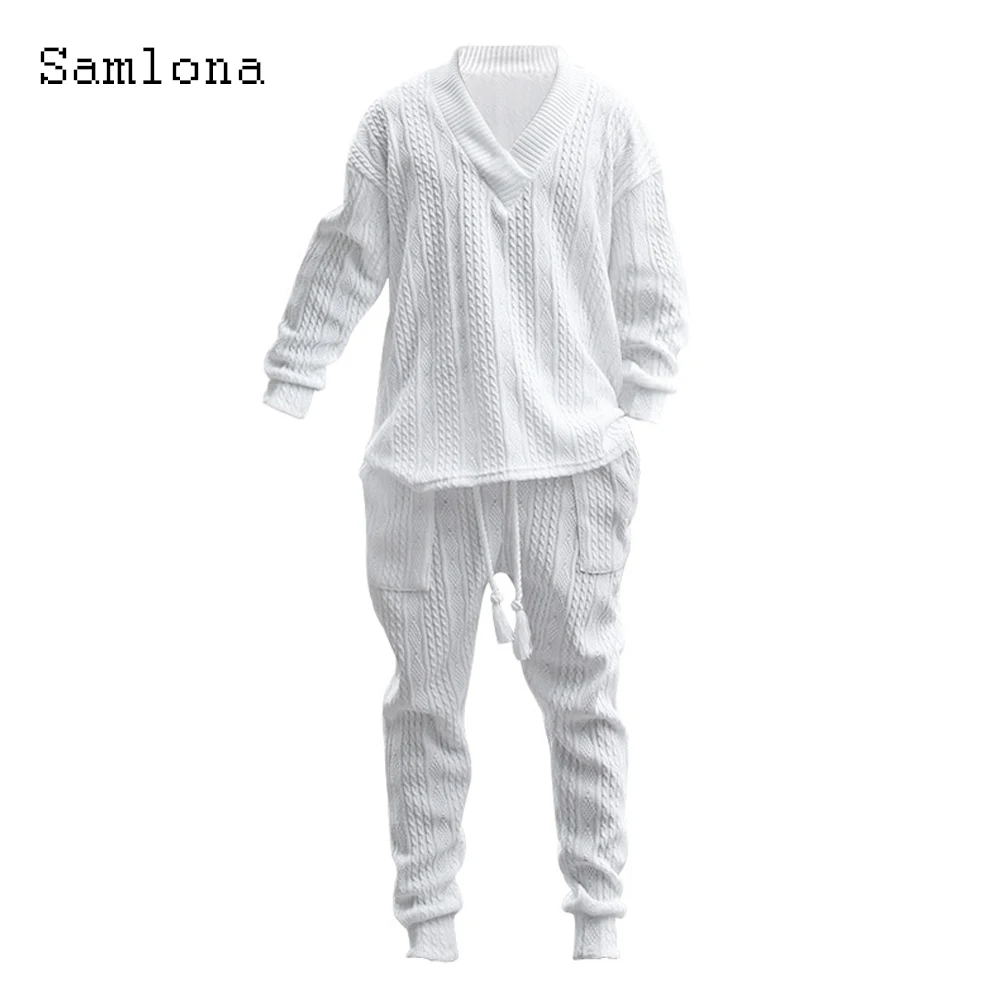 Mens Casual Knitting Two Piece Sets 2023 New Winter Fashion Irregular Top Sweater and Solid White Sweatpants Male Tracksuits Set