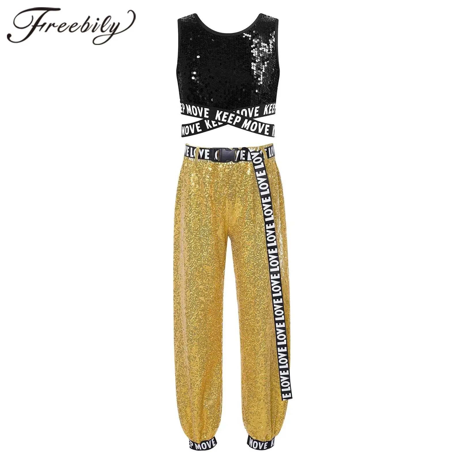 Kinder Mädchen Hip Hop Dance Outfit Funkelnde Pailletten Jazz Hiphop Kleidung Sets Crop Top mit Hosen Tanzen Set für Mädchen Dancewear