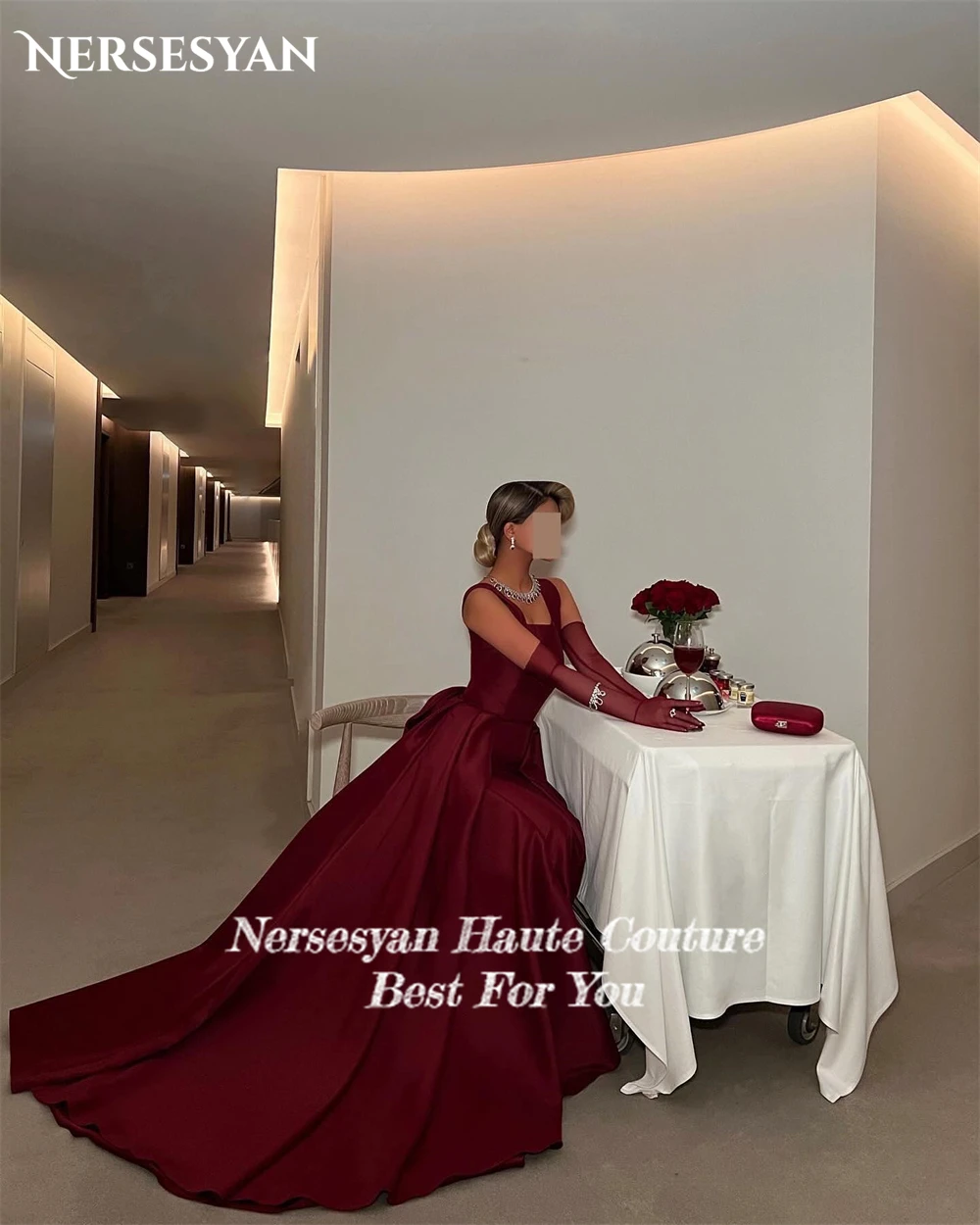 Nersesyan Elegant Burgundy Evevning Dresses robes de soirée A-Line Sauqre Collar Backless With Big Bow Party Gowns For Wedding