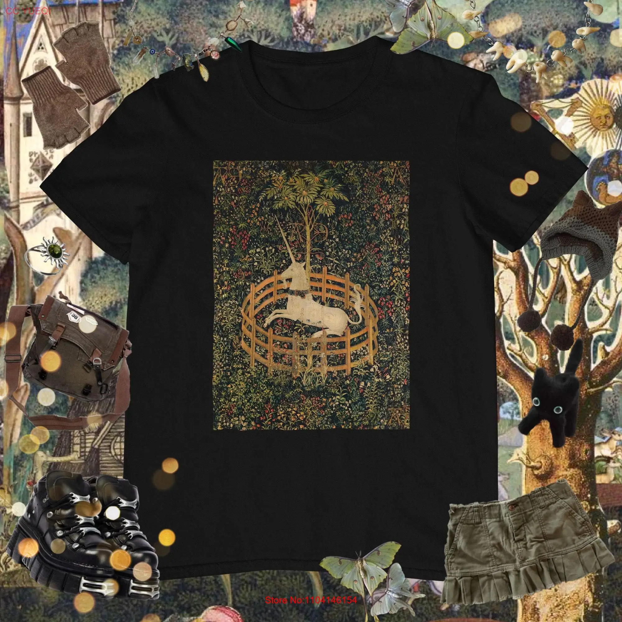 Unicorn in Captivity T shirt Medieval Tapestry Art Cryptozoology Witchy Folklore Goblincore Fairycore Dark Academia Aesthetic